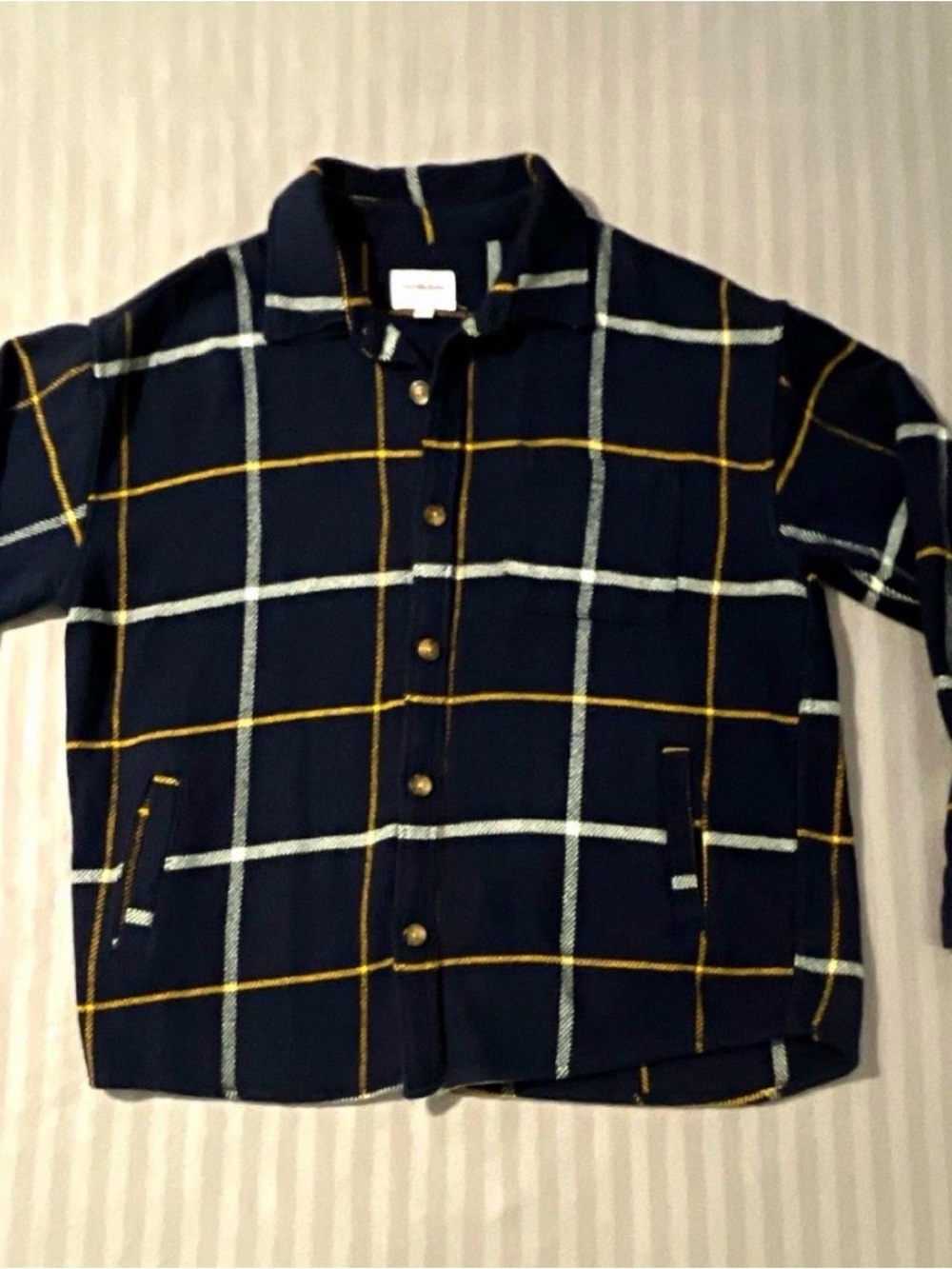 Goodfellow & Co Navy Plaid Button-Up Shirt with Yellow & White Checks